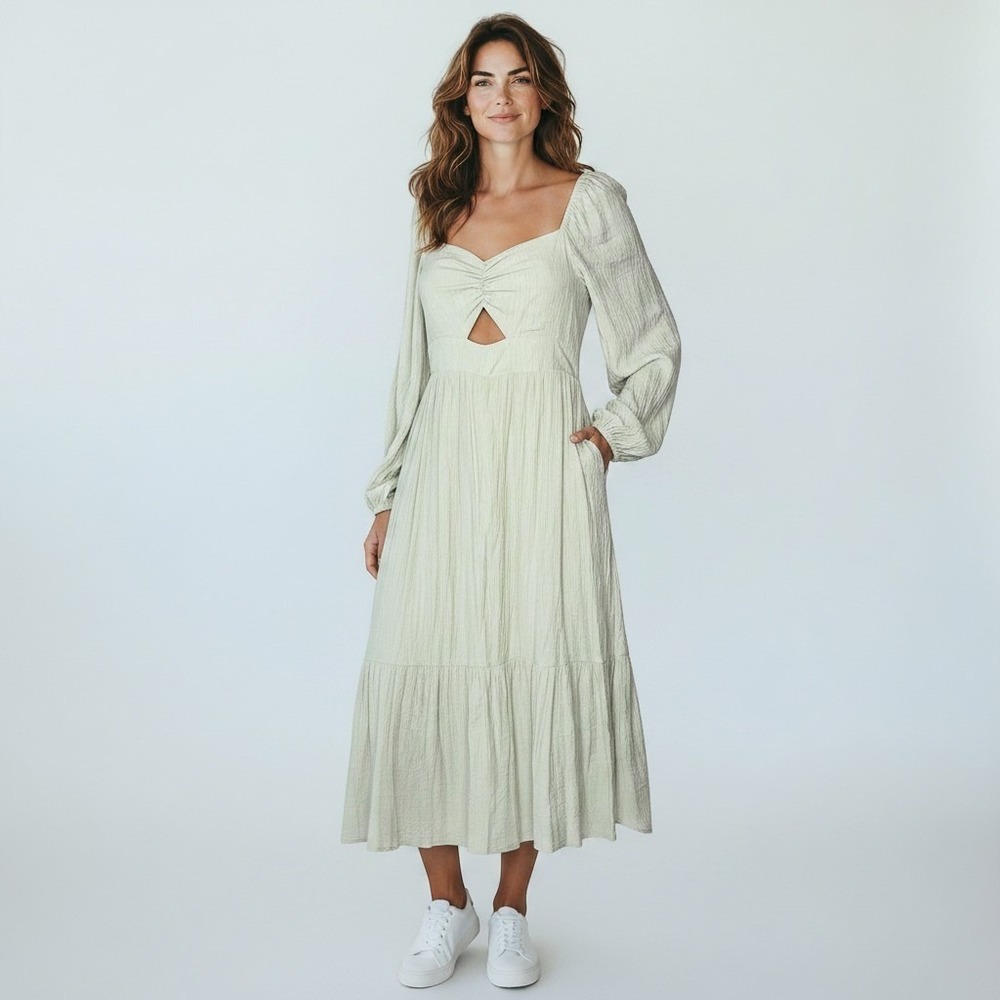Lucy Paris Dress Large Sage Green Cutout Smocked Tiered Midi Long Sleeve Pockets